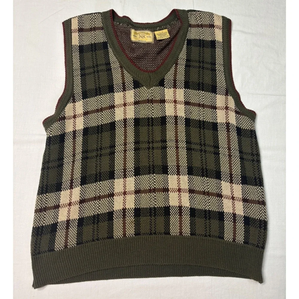 New River Co Vintage Plaid Sweater Vest Mens Large Green Knit Cotton Blend